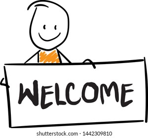 Man with Welcome board. Doodle style vector illustration object isolated hand draw. Line art cartoon design character