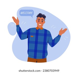 Man with welcome inscription. Happy young guy glad to see newcomer at workplace. Emotions, gestures and facial expressions. Graphic element for website. Cartoon flat vector illustration