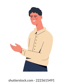 Man welcomes concept. Open and friendly character. Sticker for social networks and messengers. Model for posters and banners for website. Positivity and optimism. Cartoon flat vector illustration