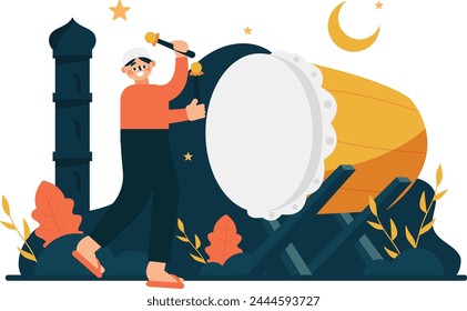 A man welcomes Eid al-Fitr by beating the drum