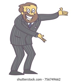 Man in welcoming or offering pose with insincere and forced smile on his face, isolated vector cartoon with white background