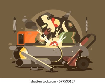 Man welder in mask cuts metal in workshop. Vector illustration