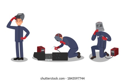 Man Welder in Welding Helmet and Protective Equipment Fusing Materials Together Vector Illustration Set
