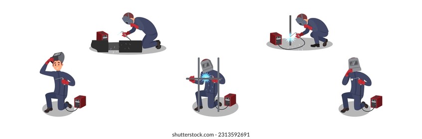Man Welder in Welding Helmet and Protective Equipment Fusing Materials Together Vector Illustration Set