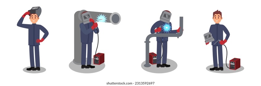 Man Welder in Welding Helmet and Protective Equipment Fusing Materials Together Vector Illustration Set