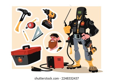 Man welder in welding mask with tools and equipment vector illustration. Home renovation and weld service flat style concept