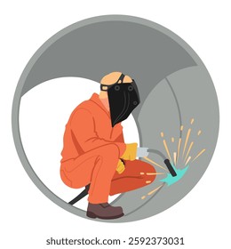 Man welder working in huge pipe welding metal construction soldering steel inner surface, fixing breakage cartoon scene. Male professional job occupation, industrial profession vector illustration