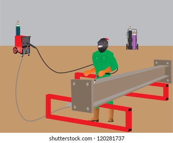 Man  welding a girder with Mig Welder, Oxy Acetylene Set in Background