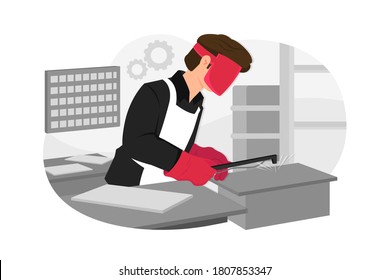 Man with welding helmet welding steel vector illustration concept