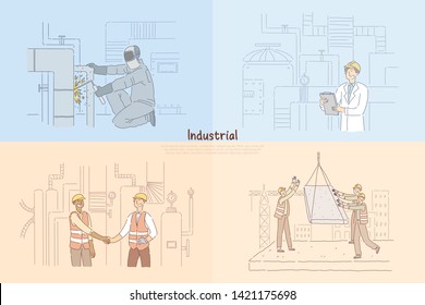 Man welding pipes in factory, constructing engineer checking equipment, construction workers on site banner