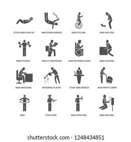 Man Welding, Spraying Deodorant, Stick Push Up, Man, wirth Carry, Speech, Cycling icon 16 set EPS 10 vector format. Icons optimized for both large and small resolutions.