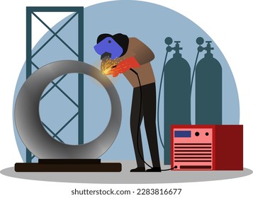man welds iron at the factory vector illustration, welding worker at the workshop design concept, skilled welder, metal worker weld iron at the factory