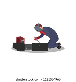 Man welds metal with welding machine. Worker in protective outfit. Professional at work. Flat vector design