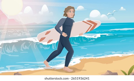 Man in wetsuit holding surfboard walking on sandy beach, cartoon style with bright colors, ocean waves and sun in background. Concept of summer surfing. Flat cartoon vector illustration