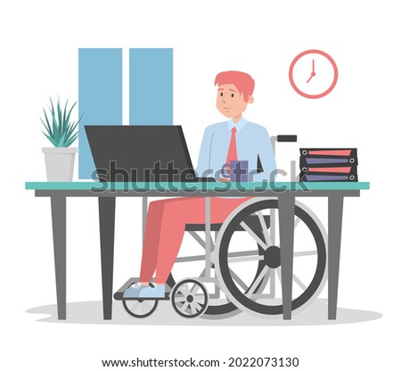 Man in wheechair working in office, sitting at the desk vector isolated. Illustration of a disabled office worker. Handicapped employee at computer.