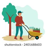 Man with wheel barrow, gardening concept. Farmer with a wheelbarrow. Gardeners work. A man pushes a wheelbarrow with seedlings. Flat illustration