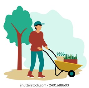 Man with wheel barrow, gardening concept. Farmer with a wheelbarrow. Gardeners work. A man pushes a wheelbarrow with seedlings. Flat illustration