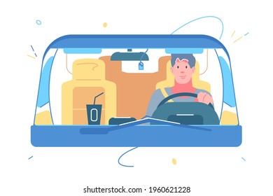 Hombre al volante en la ilustración del vector del coche. El tipo que monta en automóvil con café en el tablero de diseño plano. Viajando solo, viaje en auto en vacaciones, concepto de transferencia. Aislado sobre fondo blanco