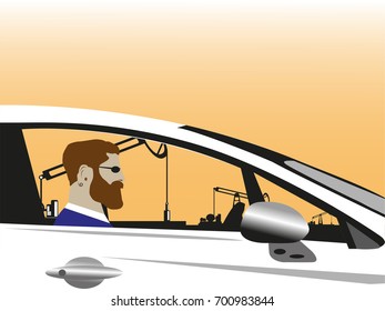The man at the wheel of the car. Vector illustration.