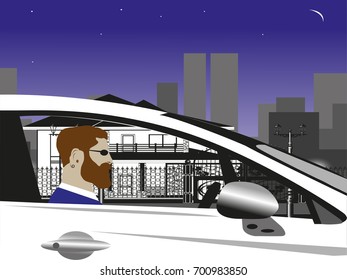 The man at the wheel of the car. Vector illustration.