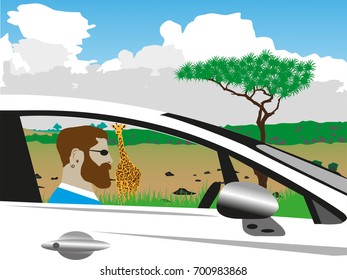 The man at the wheel of the car. Vector illustration.