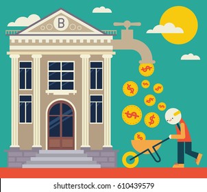 Man with wheel cart gets a lot of coins from a bank