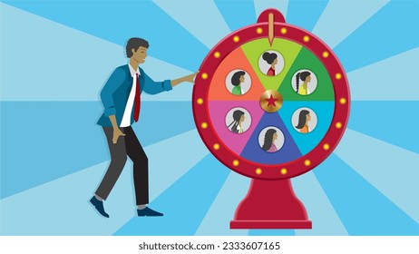 Man with wheel of fortune. Se who win or get a new job. Dimension 16:9. Vector illustration.