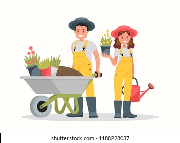 Man with wheelbarrow of earth, a woman holding a flower pot and watering can.