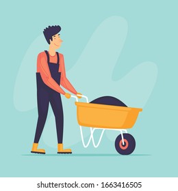 Man with a wheelbarrow pulls fertilizers, agriculture, a gardener. Flat design vector illustration.