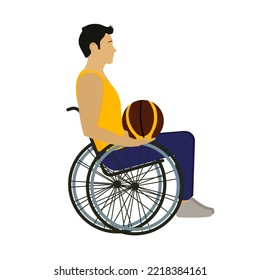 A man in a wheelchair with a ball. Sports activities for people with disabilities. Flat style.