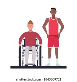 man in wheelchair and basketball player perfectly imperfect characters vector illustration design