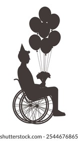 A man in a wheelchair with a bouquet of flowers and balloons went to a birthday party. Silhouette. 