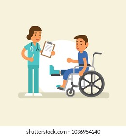 A man in a wheelchair with broken leg talking with a nurse. Vector illustration