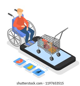 Man in the wheelchair buying food in online grocery store. Buy product in the internet. Fast delivery. E-commerce and e-shopping. Isolated vector isometric illustration