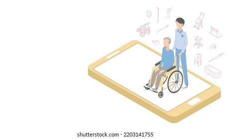 A man in a wheelchair buying welfare goods with a smartphone