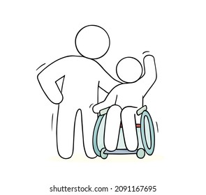 Man in wheelchair and caregiver waving hands. Vector doodle sketch with elderly, sick patients in wheel chairs and hospital workers. Concept of care 