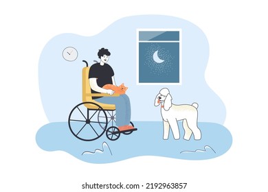 Man in wheelchair with cat in hands sitting by window. Person spending evening time at home flat vector illustration. Disability, pet therapy concept for banner, website design or landing web page