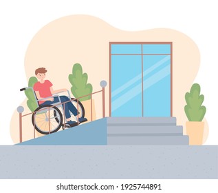 man in wheelchair climbs adaptation of public space vector cartoon illustration