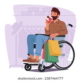 El Hombre En Una Silla De Ruedas Navega Confiadamente Por Racks De Ropa, Mostrando Su Determinación Y Estilo. Carácter Masculino Discapacitado Que Muestra La Inclusividad En La Moda Al Máximo. Ilustración de vectores de personas de caricatura