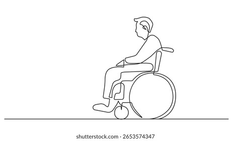 Hombre en silla de ruedas Dibujo de Vector continuo de una línea. Silueta de persona discapacitada en estilo de contorno mínimo. Trazo Editable. Ayudar a las Personas con discapacidades Dibujado a mano Ilustración de boceto. No es IA