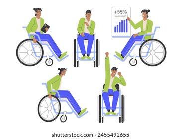 Un hombre en silla de ruedas con diferentes poses. Empleado con discapacidad. Un joven apuesto. Diversidad en la oficina. Ilustración plana de Vector.