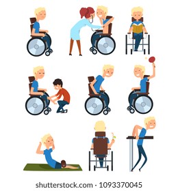 Man in wheelchair in different situations set, rehabilitation and active lifestyle of disabled people concept vector Illustration on a white background