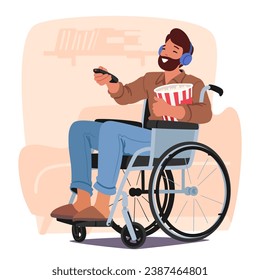 Man In A Wheelchair Enjoys A Movie Night With Popcorn, His Eyes Fixed On The Screen, Savoring Each Moment Of Cinematic Delight. Disabled Male Character Leisure. Cartoon People Vector Illustration