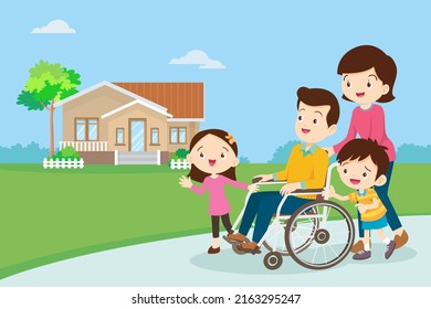 man in wheelchair and family,Lovely family rehabilitating patient in wheelchair