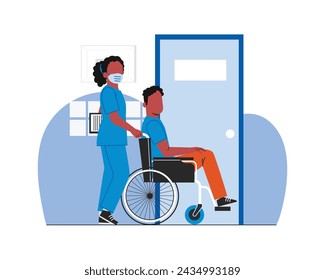 Man in wheelchair with female nurse vector illustration design. Health care and medical vector illustration design