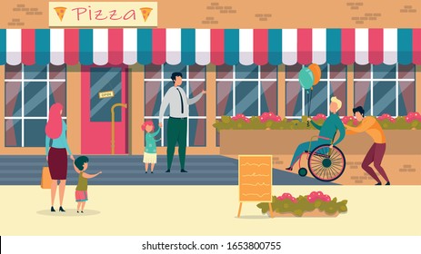 Man in Wheelchair Going Up Ramp with Balloons in Hand to Celebrate Kids Birthday in Pizzeria Flat Cartoon Vector Illustration. Assistant Trying to Help Handicapped Person to Get to Building.