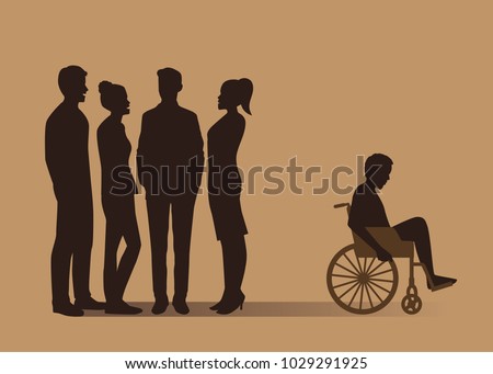 Man in a Wheelchair left out of normal people group. Illustration about disabled people with desertion from society.