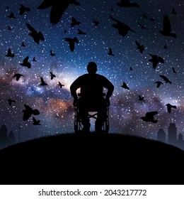 Man in wheelchair at night. Person with disability and flying birds