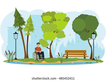 man in a wheelchair on a walk in the park. a disabled person in a city park on a walk outdoors. vector illustration.