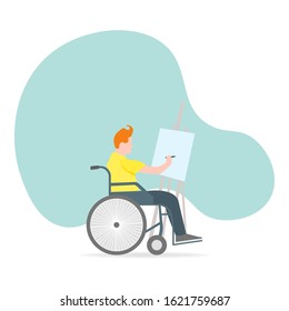 A man in a wheelchair paints on canvas. A symbol of studying in an inclusive school or distance learning. Vector illustration.